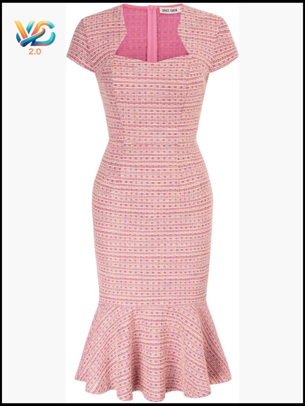 Elegant Cap Sleeve Fishtail Tweed Bodycon Cocktail Dress